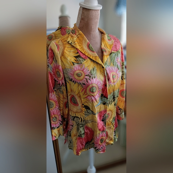 Don Caster~Vintage Yellow Pink & Green Floral Sunflower Silk Button Down Shirt - Picture 4 of 13